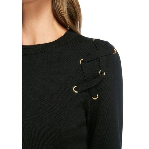 New! MICHAEL KORS Women's Grommet Lace-up Black Sweater Cotton-Blend Size Small - Picture 2 of 8